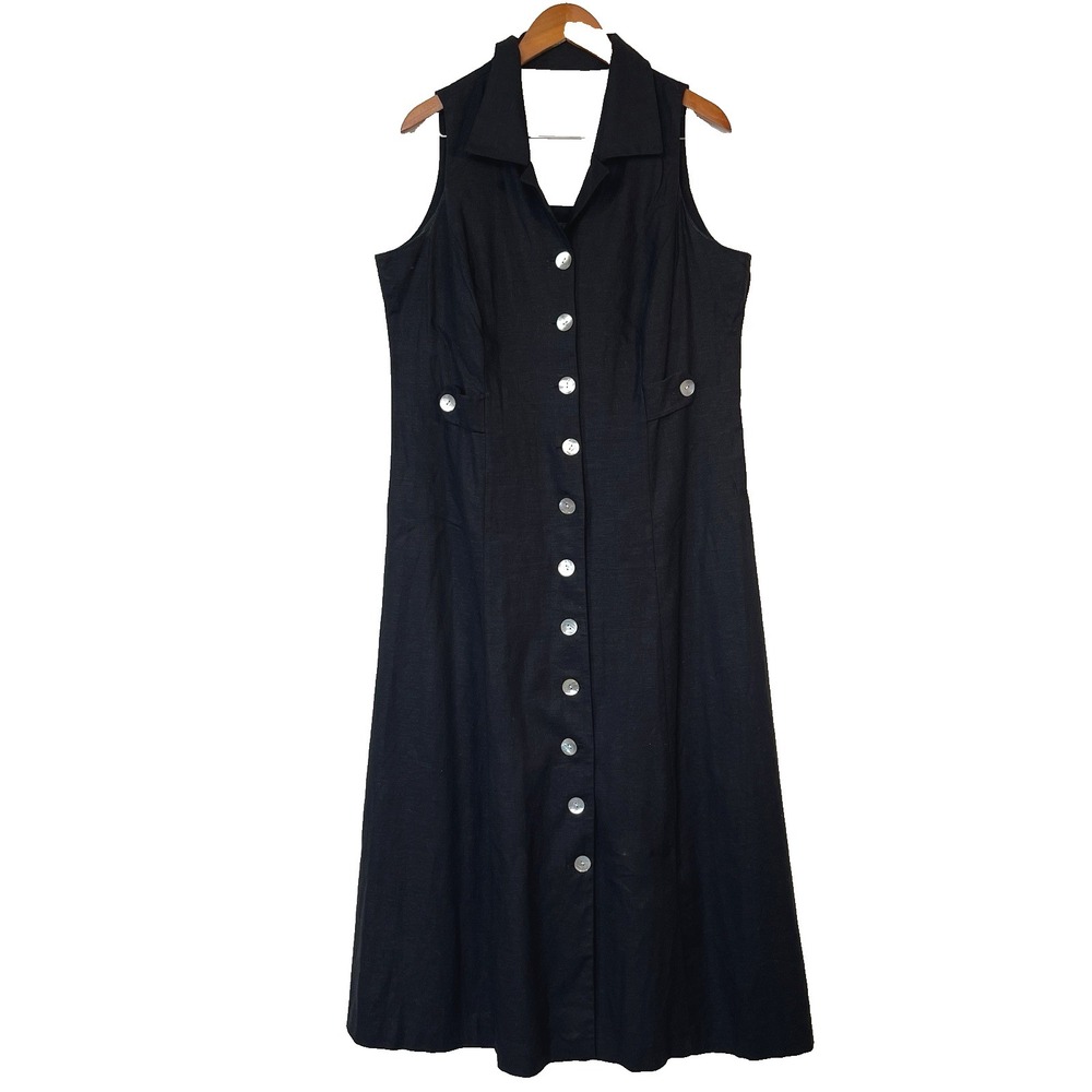 VTG Virgo II Linen Blend Midi Dress Size 16 Black 90s Minimalist Summer Noir EUC